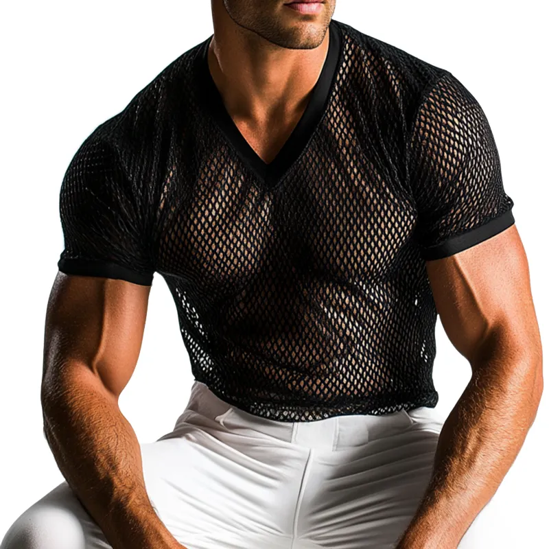 Men's Retro Casual Solid Color Mesh Cool V-neck Short Sleeve T-shirt MTA2433C7TO sold by Manly