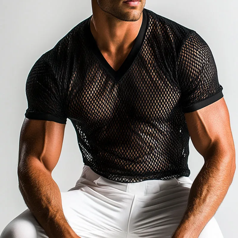 Men's Retro Casual Solid Color Mesh Cool V-neck Short Sleeve T-shirt MTA2433C7TO sold by Manly product image thumbnail 2