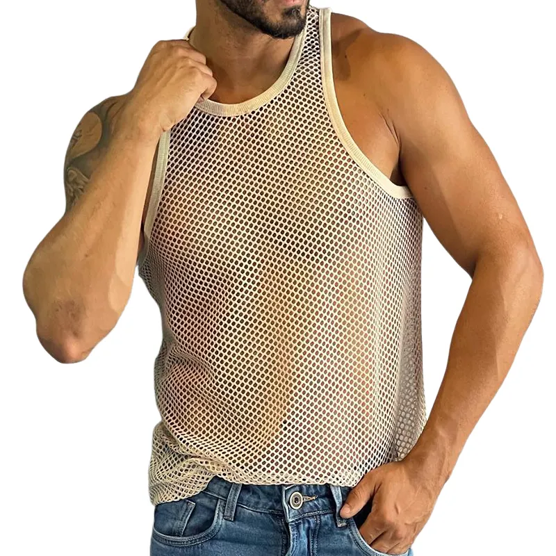 Men's Retro Casual Solid Color Slim Fit Mesh Cool Round Neck Tank Top MTA2498C8TO sold by Manly