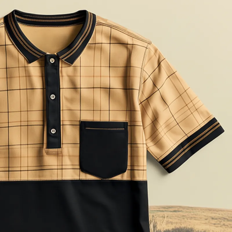 Men's Retro Casual Plaid Colorblock Pocket Lapel Short Sleeve T-Shirt MTA2489C4TO sold by Manly product image thumbnail 2