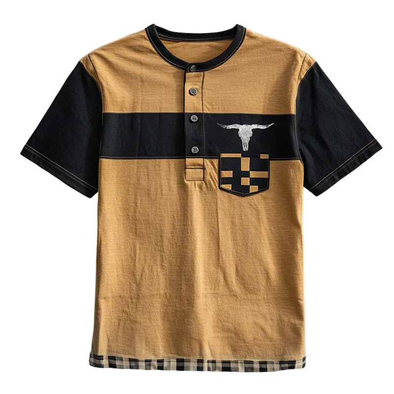 Men's Retro Casual Western Bull Head Print Henley Neck Short Sleeve T-Shirt MTA2487C0TO sold by Manly