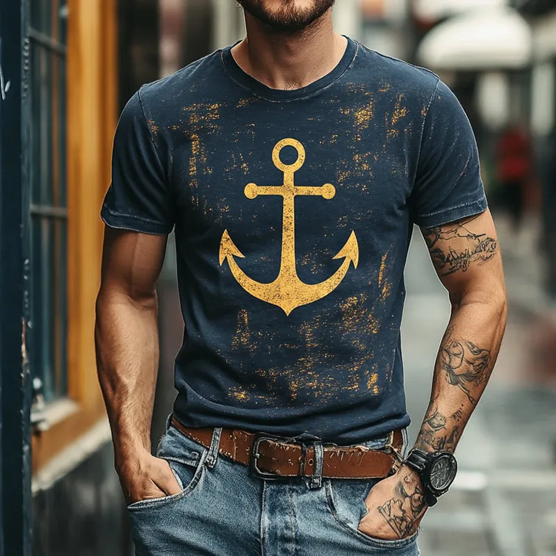 Men's Retro Casual Anchor Print Round Neck Short Sleeve T-Shirt MTA2400C3TO sold by Manly product image thumbnail 2