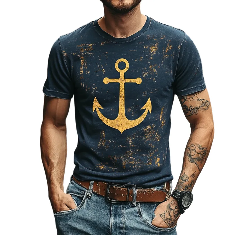 Men's Retro Casual Anchor Print Round Neck Short Sleeve T-Shirt MTA2400C3TO sold by Manly