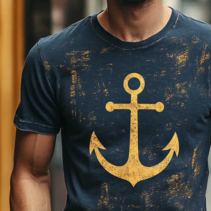 Men's Retro Casual Anchor Print Round Neck Short Sleeve T-Shirt MTA2400C3TO sold by Manly product image thumbnail 3