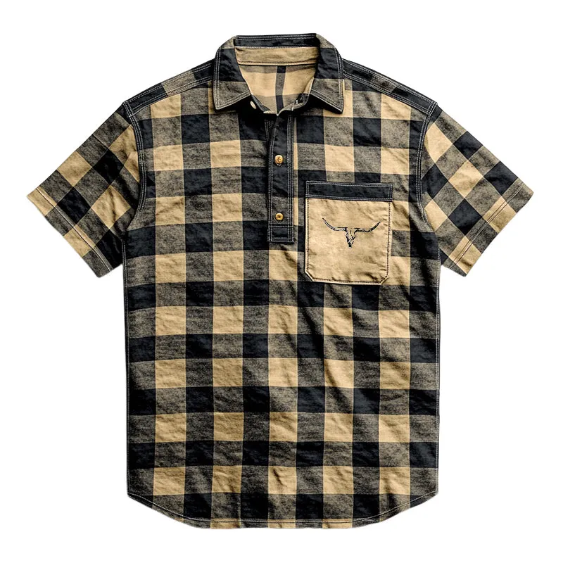 Men's Retro Casual Plaid Western Print Lapel Short Sleeve Polo Shirt MTA2427C7TO sold by Manly