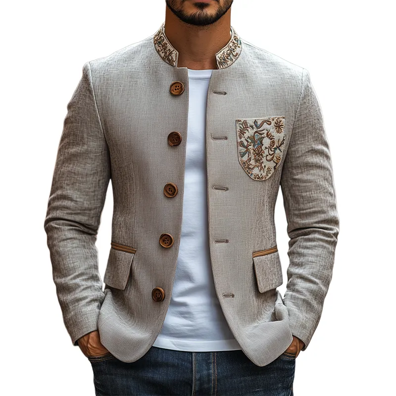 Men's Classic Retro Stand Collar Thin Cotton and Linen Embroidered Slim Jacket MTA2463C6K sold by Manly