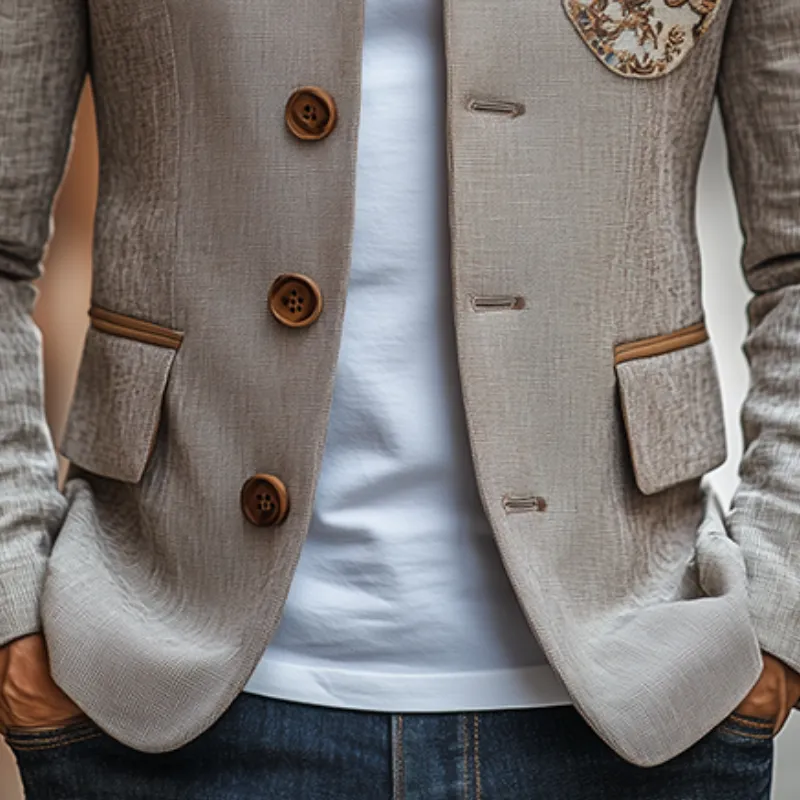 Men's Classic Retro Stand Collar Thin Cotton and Linen Embroidered Slim Jacket MTA2463C6K sold by Manly product image thumbnail 4