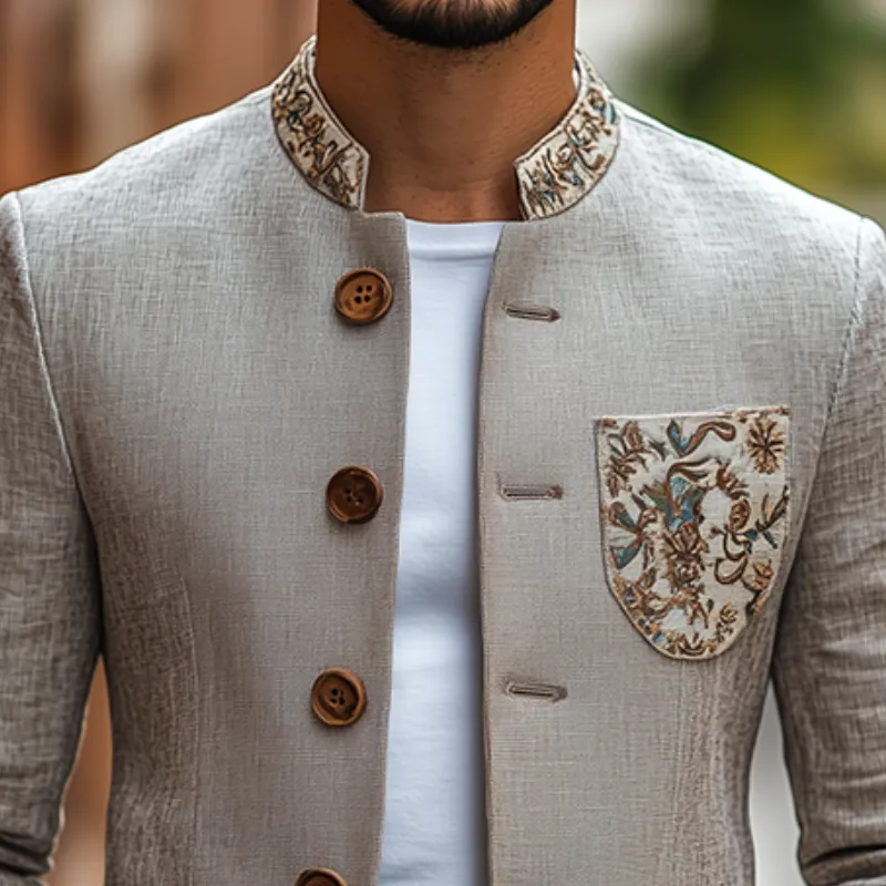 Men's Classic Retro Stand Collar Thin Cotton and Linen Embroidered Slim Jacket MTA2463C6K sold by Manly product image thumbnail 3