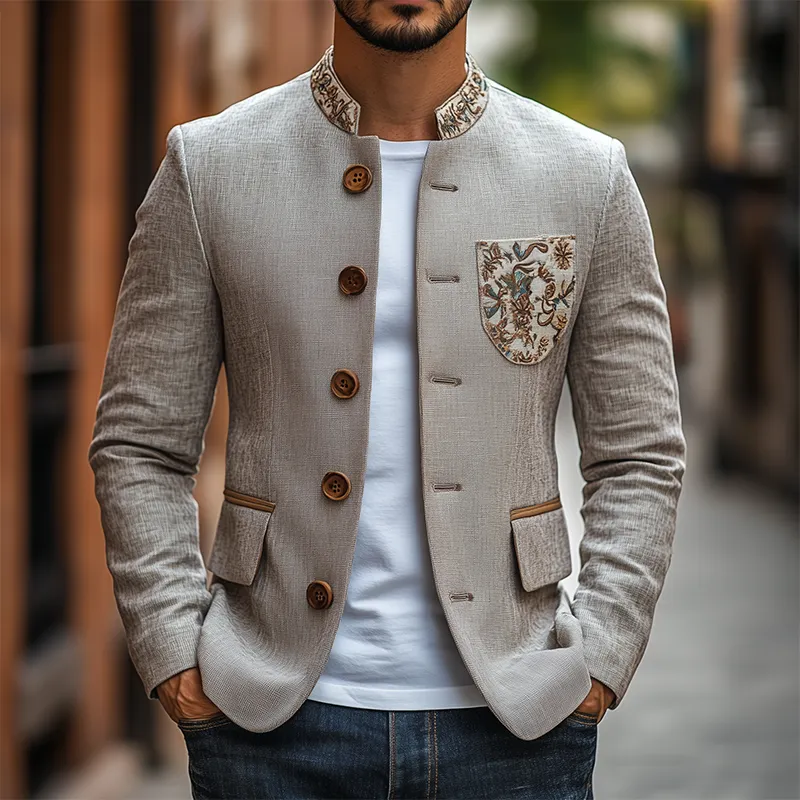 Men's Classic Retro Stand Collar Thin Cotton and Linen Embroidered Slim Jacket MTA2463C6K sold by Manly product image thumbnail 2