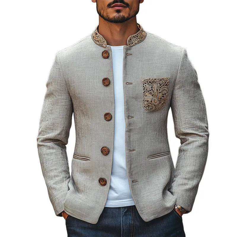 Men's Classic Retro Stand Collar Pocket Embroidery Thin Cotton and Linen Jacket MTA2435C3K sold by Manly