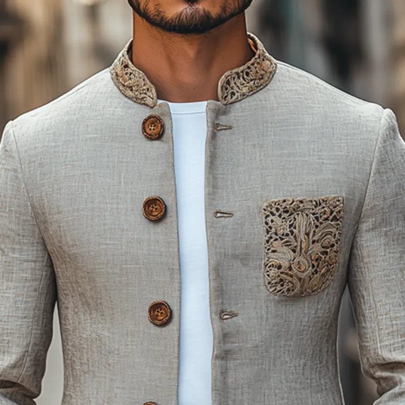 Men's Classic Retro Stand Collar Pocket Embroidery Thin Cotton and Linen Jacket MTA2435C3K sold by Manly product image thumbnail 3