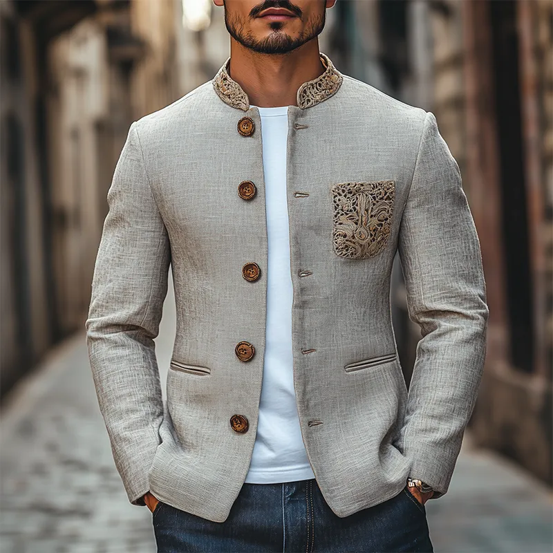 Men's Classic Retro Stand Collar Pocket Embroidery Thin Cotton and Linen Jacket MTA2435C3K sold by Manly product image thumbnail 2