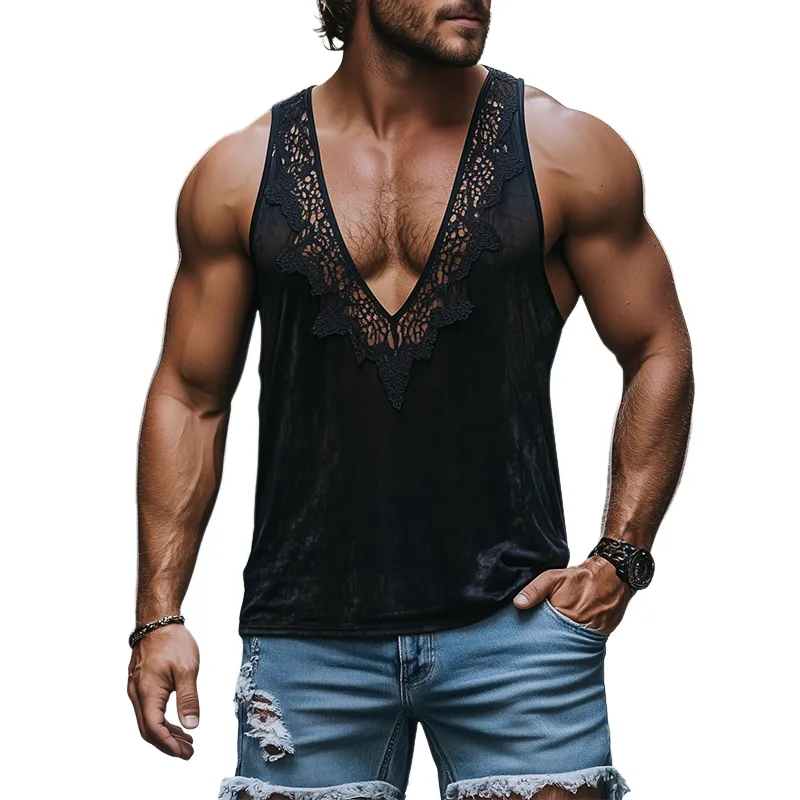 Men's Fashion Retro Sexy Lace Stitching Velvet Deep V Neck Tank Top MTA2445C5K sold by Manly