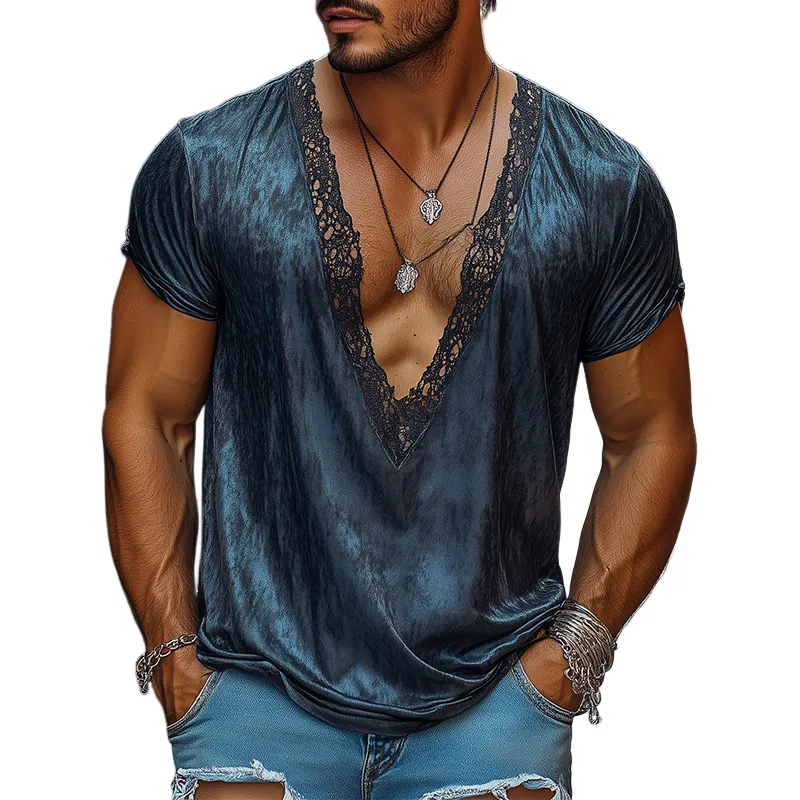 Men's Fashion Retro Sexy Lace Stitching Satin Printed Deep V Neck T-Shirt MTA2451C8K sold by Manly