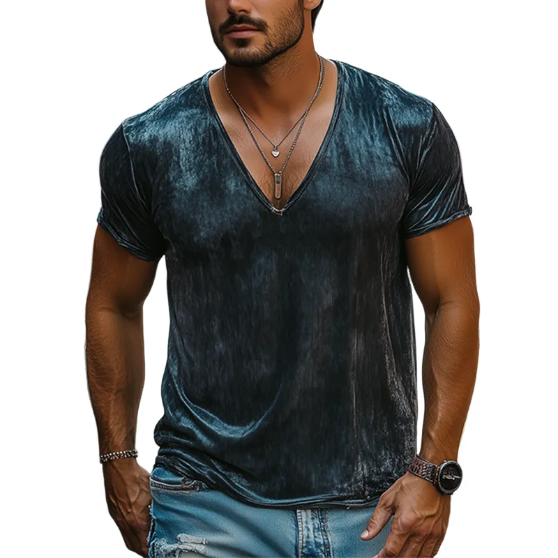 Men's Spring and Summer Fashion Leisure Silk Cotton Deep V Neck T-shirt MTA2429C7K sold by Manly