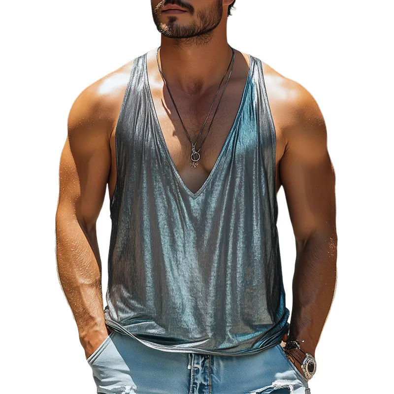 Men's Spring and Summer Fashion Sexy Silk Cotton Deep V-neck Tank Top MTA2460C0K sold by Manly
