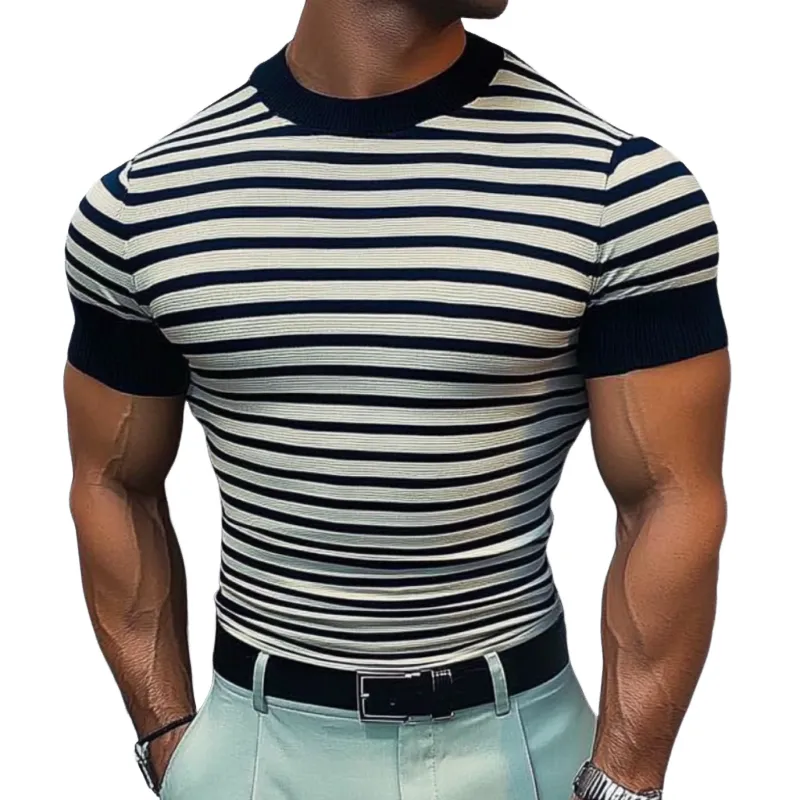 Men's Casual Round Neck Striped Knitted Loose Short Sleeve Sweater T-Shirt MTA2517C0M sold by Manly