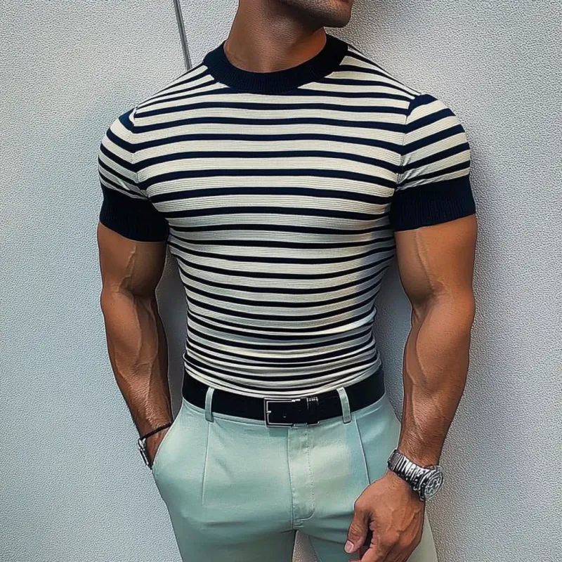 Men's Casual Round Neck Striped Knitted Loose Short Sleeve Sweater T-Shirt MTA2517C0M sold by Manly product image thumbnail 3