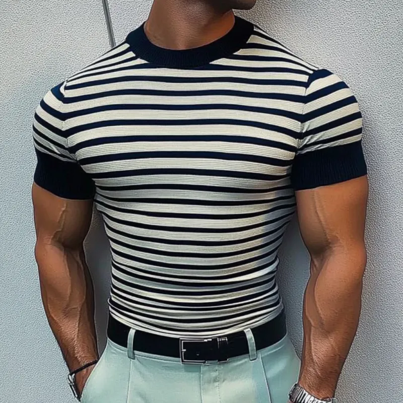 Men's Casual Round Neck Striped Knitted Loose Short Sleeve Sweater T-Shirt MTA2517C0M sold by Manly product image thumbnail 2