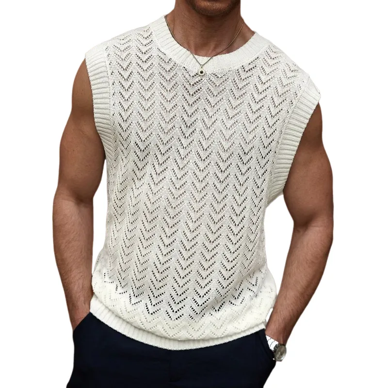 Men's Casual Round Neck Hollow Knitted Loose Tank Top MTA2564C9M sold by Manly