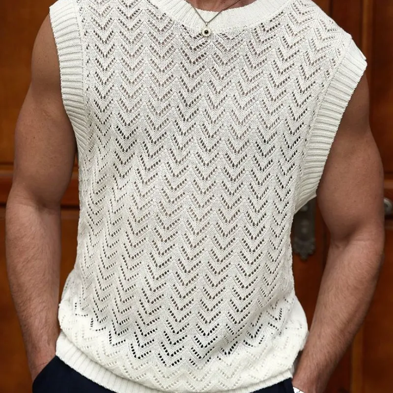 Men's Casual Round Neck Hollow Knitted Loose Tank Top MTA2564C9M sold by Manly product image thumbnail 2