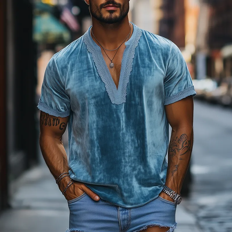 Men's Spring Fashion Deep V-neck Lace Stitching Velvet Short Sleeve T-shirt MTA2699C5K sold by Manly product image thumbnail 2