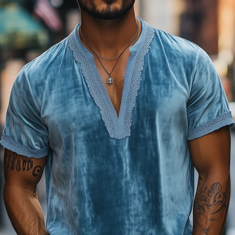 Men's Spring Fashion Deep V-neck Lace Stitching Velvet Short Sleeve T-shirt MTA2699C5K sold by Manly product image thumbnail 4