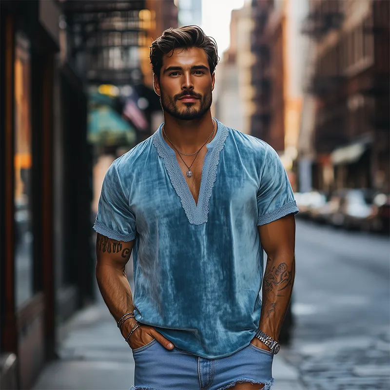 Men's Spring Fashion Deep V-neck Lace Stitching Velvet Short Sleeve T-shirt MTA2699C5K sold by Manly product image thumbnail 3