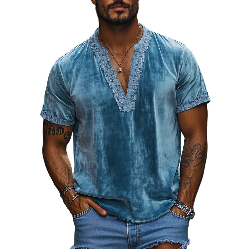Men's Spring Fashion Deep V-neck Lace Stitching Velvet Short Sleeve T-shirt MTA2699C5K sold by Manly