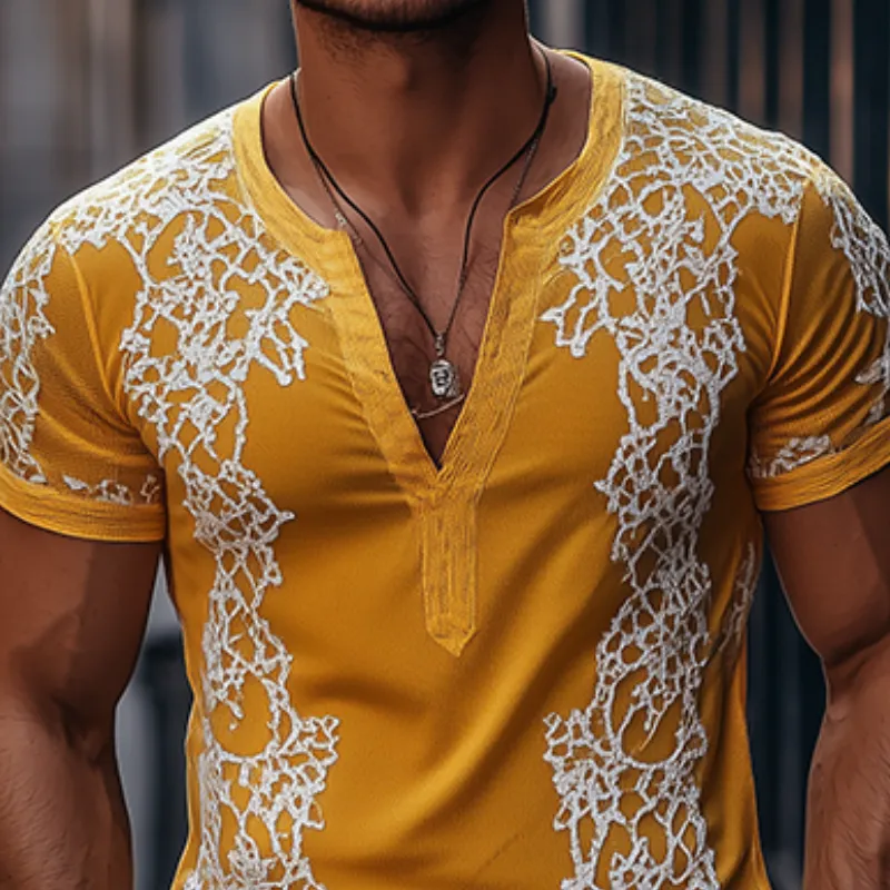 Men's Spring Fashion Deep V Neck Exquisite Embroidery Cotton Short Sleeve T-shirt MTA2644C7K sold by Manly product image thumbnail 4