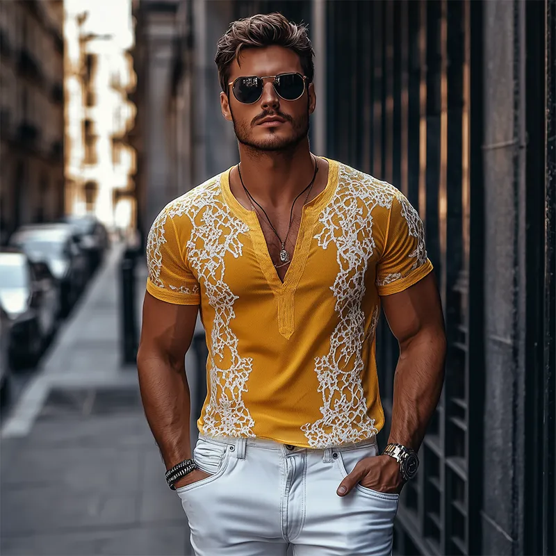 Men's Spring Fashion Deep V Neck Exquisite Embroidery Cotton Short Sleeve T-shirt MTA2644C7K sold by Manly product image thumbnail 3