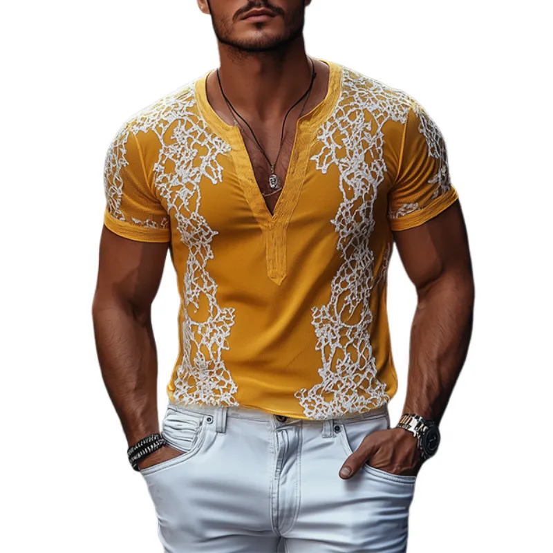 Men's Spring Fashion Deep V Neck Exquisite Embroidery Cotton Short Sleeve T-shirt MTA2644C7K sold by Manly