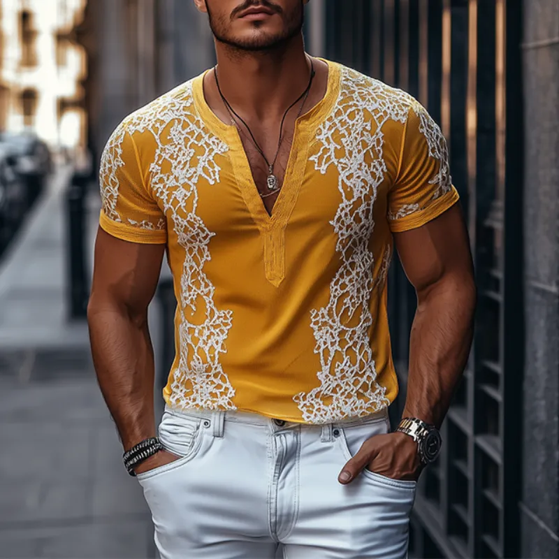 Men's Spring Fashion Deep V Neck Exquisite Embroidery Cotton Short Sleeve T-shirt MTA2644C7K sold by Manly product image thumbnail 2
