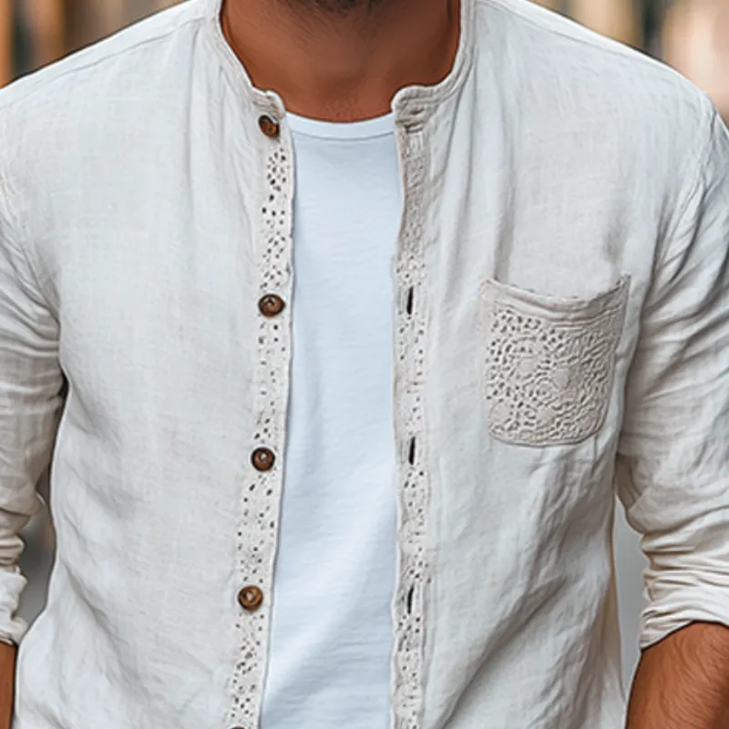 Men's Spring Fashion Lace Pocket Stitching Cotton and Linen Long Sleeve Shirt MTA2633C4K sold by Manly product image thumbnail 4