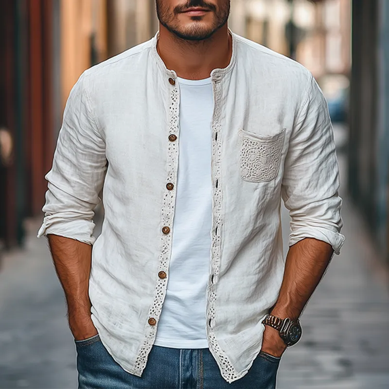 Men's Spring Fashion Lace Pocket Stitching Cotton and Linen Long Sleeve Shirt MTA2633C4K sold by Manly product image thumbnail 2