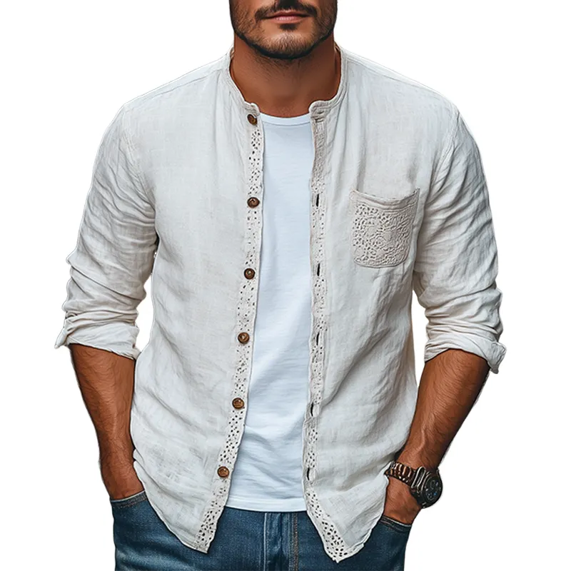 Men's Spring Fashion Lace Pocket Stitching Cotton and Linen Long Sleeve Shirt MTA2633C4K sold by Manly