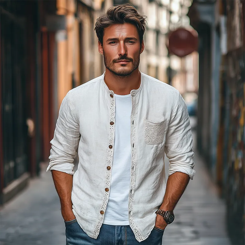 Men's Spring Fashion Lace Pocket Stitching Cotton and Linen Long Sleeve Shirt MTA2633C4K sold by Manly product image thumbnail 3