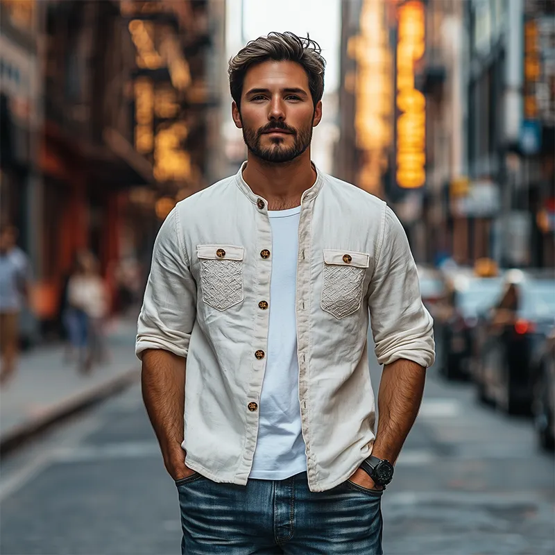 Men's Spring Fashion Personalized Lace Pocket Stitching Cotton and Linen Long Sleeve Shirt MTA2673C5K sold by Manly product image thumbnail 3