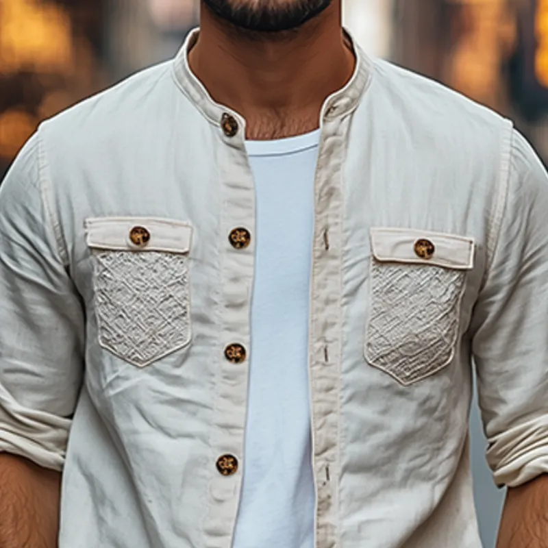 Men's Spring Fashion Personalized Lace Pocket Stitching Cotton and Linen Long Sleeve Shirt MTA2673C5K sold by Manly product image thumbnail 4