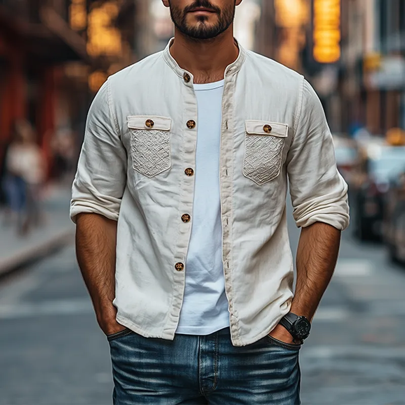 Men's Spring Fashion Personalized Lace Pocket Stitching Cotton and Linen Long Sleeve Shirt MTA2673C5K sold by Manly product image thumbnail 2