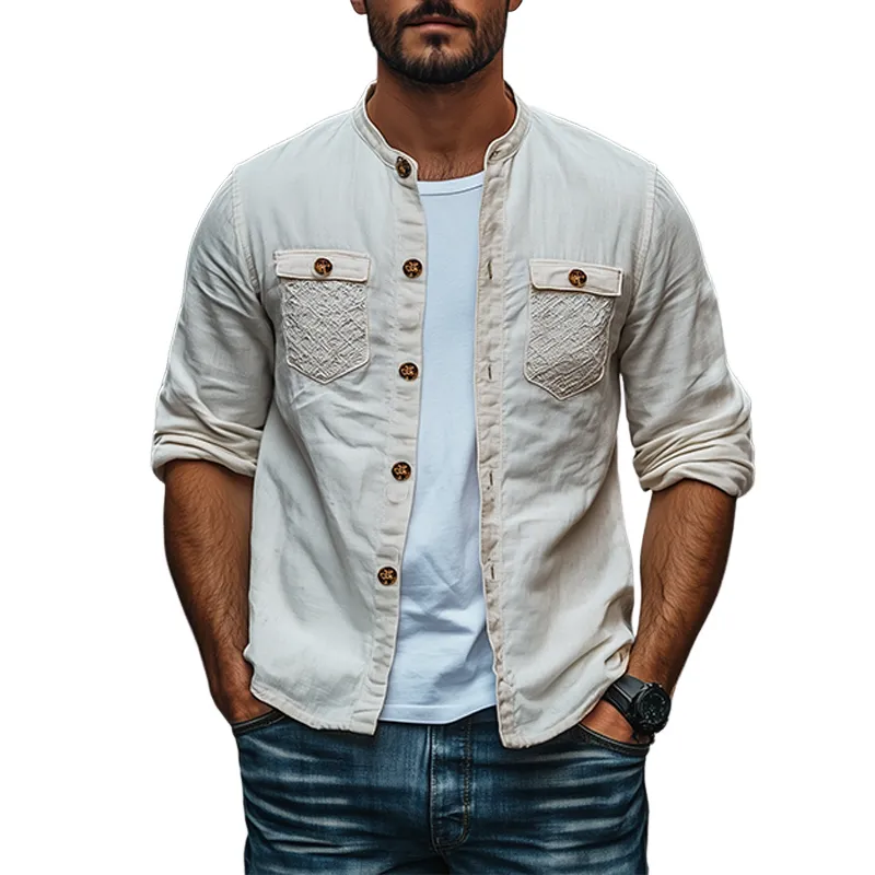 Men's Spring Fashion Personalized Lace Pocket Stitching Cotton and Linen Long Sleeve Shirt MTA2673C5K sold by Manly