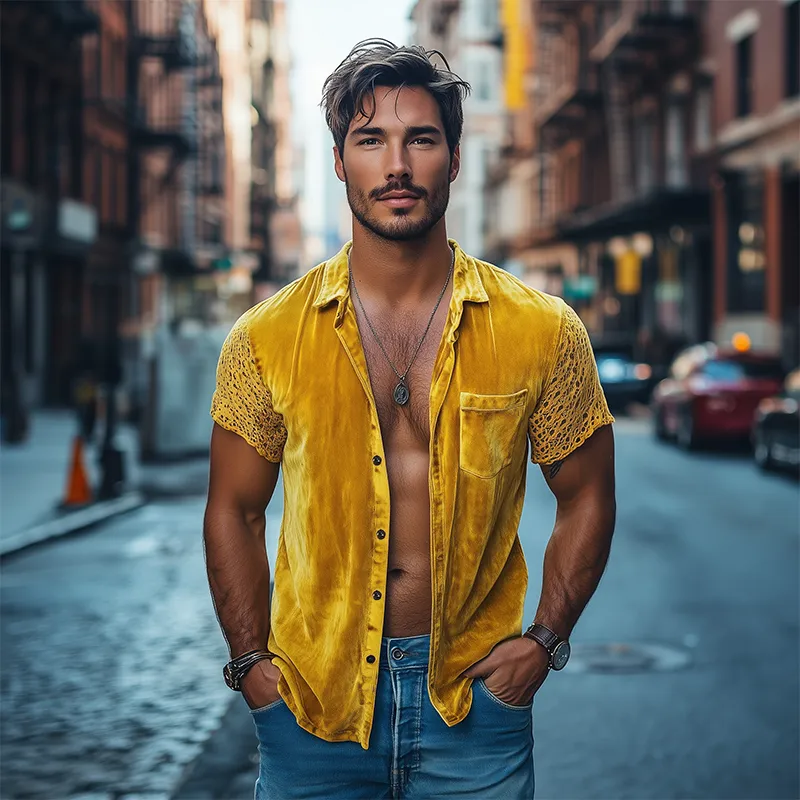 Men's Spring Fashion Personalized Lace Splicing Velvet Slim Fit Short Sleeve Shirt MTA2684C0K sold by Manly product image thumbnail 3