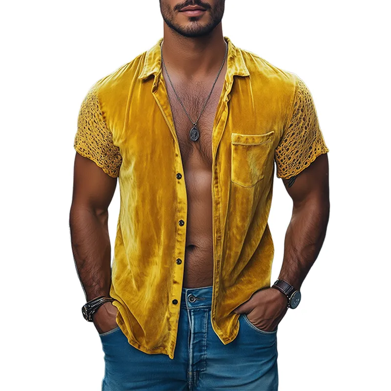 Men's Spring Fashion Personalized Lace Splicing Velvet Slim Fit Short Sleeve Shirt MTA2684C0K sold by Manly