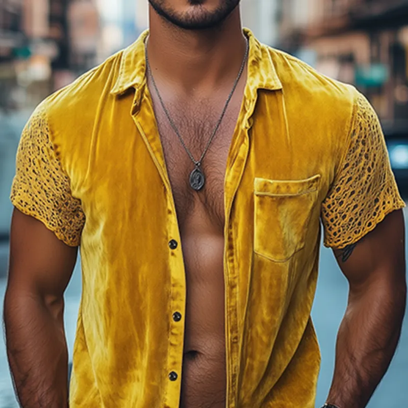 Men's Spring Fashion Personalized Lace Splicing Velvet Slim Fit Short Sleeve Shirt MTA2684C0K sold by Manly product image thumbnail 4