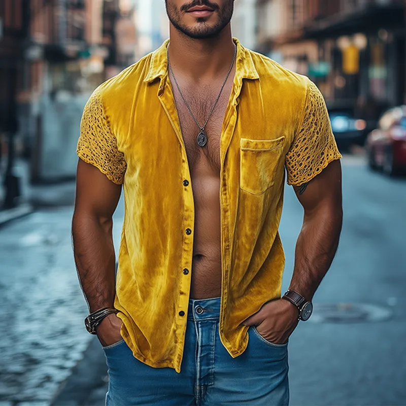 Men's Spring Fashion Personalized Lace Splicing Velvet Slim Fit Short Sleeve Shirt MTA2684C0K sold by Manly product image thumbnail 2