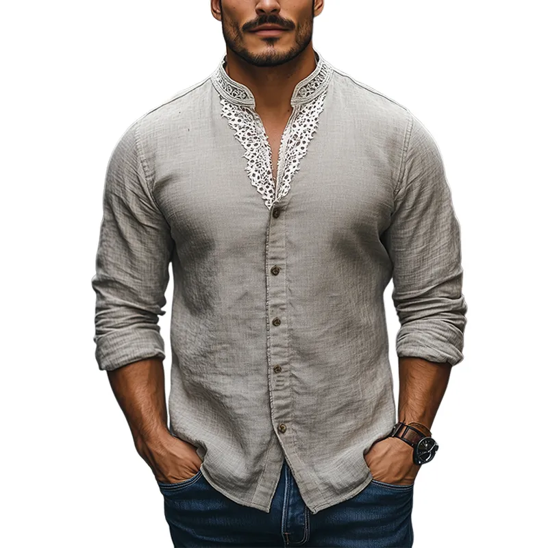 Men's Spring Fashion Stand Collar Lace Splicing Cotton and Linen Long Sleeve Shirt MTA2134C0K sold by Manly