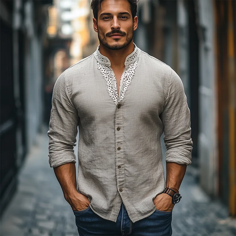 Men's Spring Fashion Stand Collar Lace Splicing Cotton and Linen Long Sleeve Shirt MTA2134C0K sold by Manly product image thumbnail 3