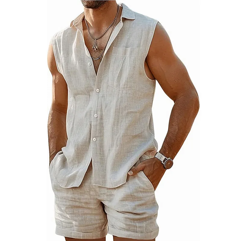 Men's Summer Cool Skin-Friendly Casual Cotton And Linen Sleeveless Set MTA2618C4U sold by Manly