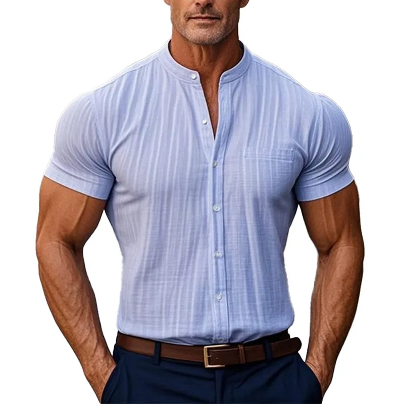 Men's Solid Color Casual Stand Collar Short Sleeve Shirt MTA2079C1X sold by Manly