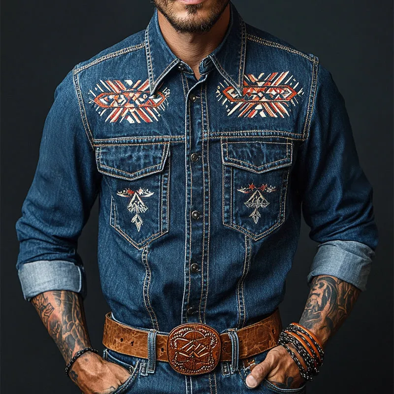 Men's Retro Casual Ethnic Style Printed Denim Lapel Long Sleeve Shirt MTA2431C4TO sold by Manly product image thumbnail 3